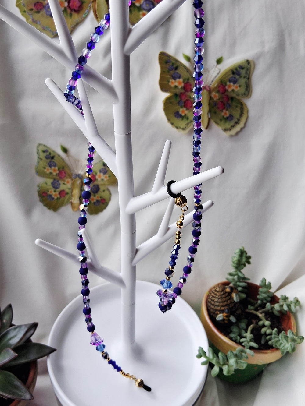 Delicate Purple And Indigo Eyeglass Chain - Elegant Gold Accent
